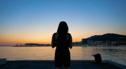 Gimpy at the Split Ferry Terminal after sunset